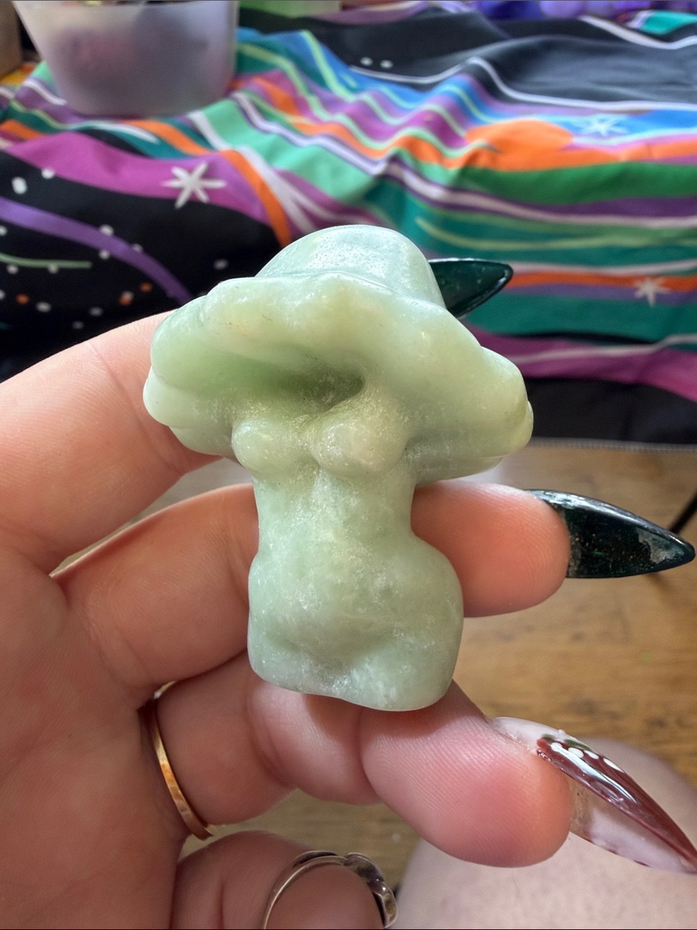 Light green stone female body mushroom head mini figurine about 2 inches